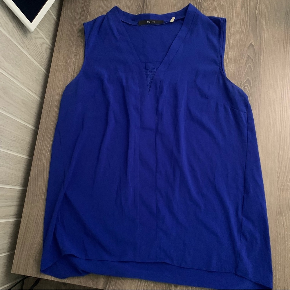 Tahari Sleeveless Tank Lace Inset Royal Cobalt Blue S